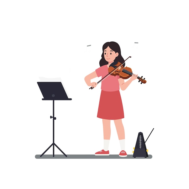 Niña joven tocando el violín frente al soporte de música con el metrónomo cerca