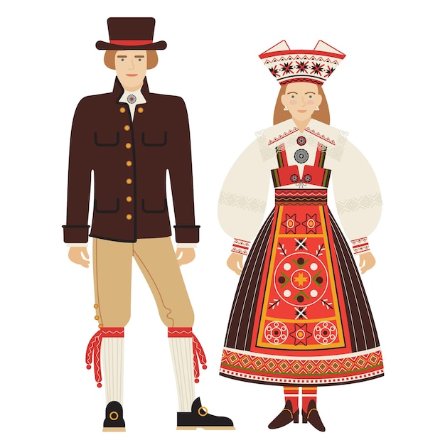 Vector niña y joven con un traje popular estonio