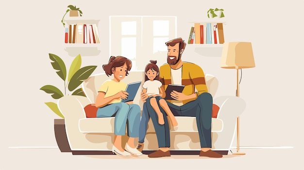 Niña joven usando tableta con sus padres Tiempo de tecnología digital familiar