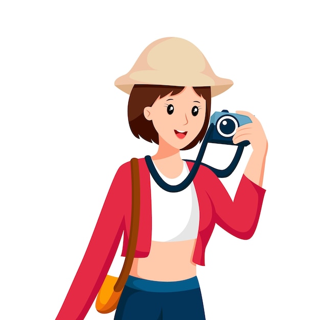 niña joven, viajar, con, cámara, carácter, diseño, ilustración