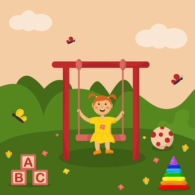 Vector una niña juega en un columpio en el parque