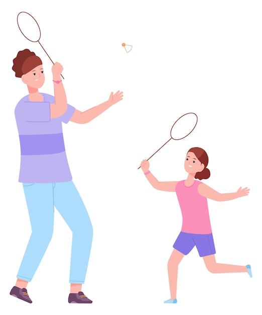 Niña, juego, en, bádminton, con, madre, familia feliz, juntos