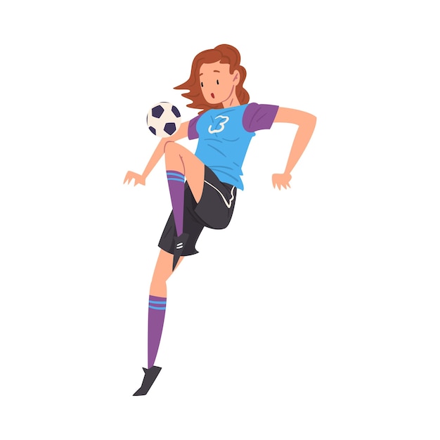 Vector niña jugando al fútbol mujer joven jugador de fútbol personaje en uniforme deportivo pateando el vector de la pelota