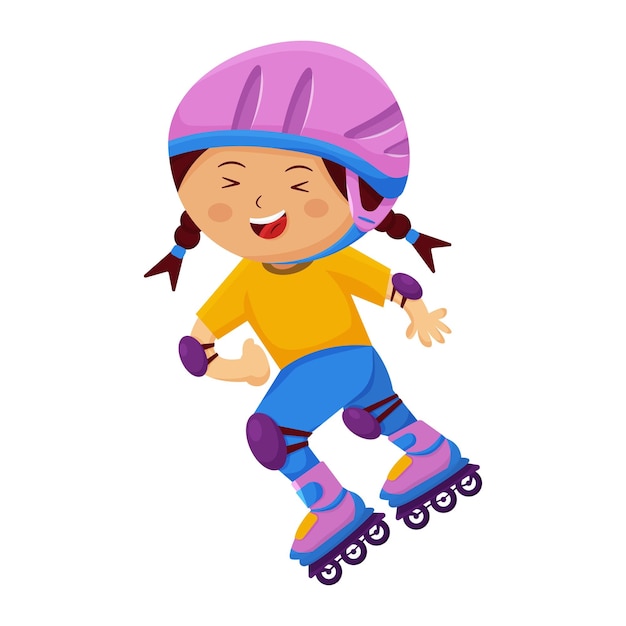 Vector una niña jugando al patinaje sobre ruedas mientras sonríe ilustración vectorial