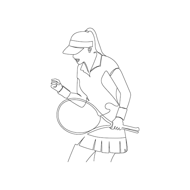 Niña jugando al tenis. Arte vectorial de una línea. Tenista con raqueta durante el partido.