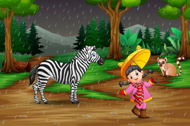 Una niña jugando con animales bajo la lluvia.