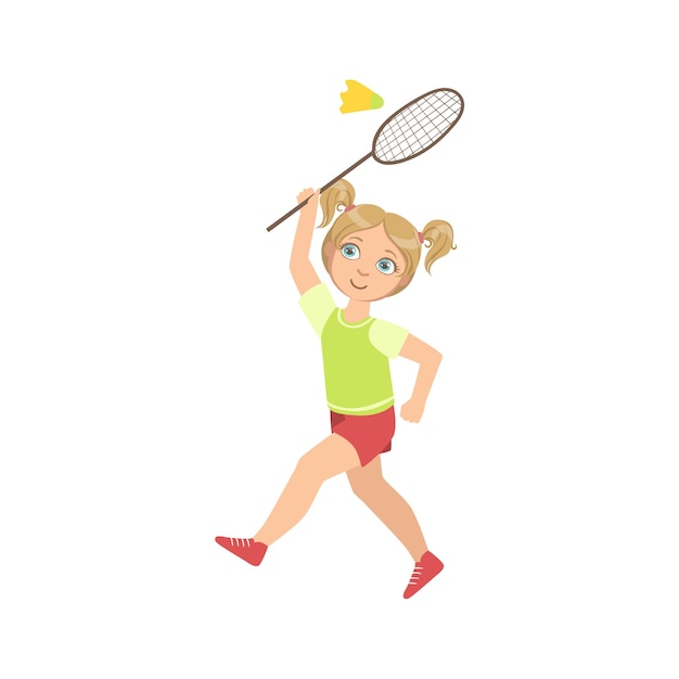 Niña jugando bádminton con volante y raqueta