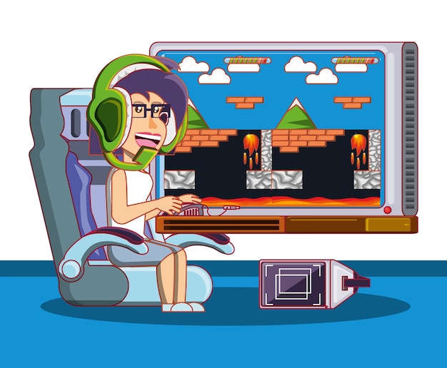 Vector niña jugando con la consola de videojuegos