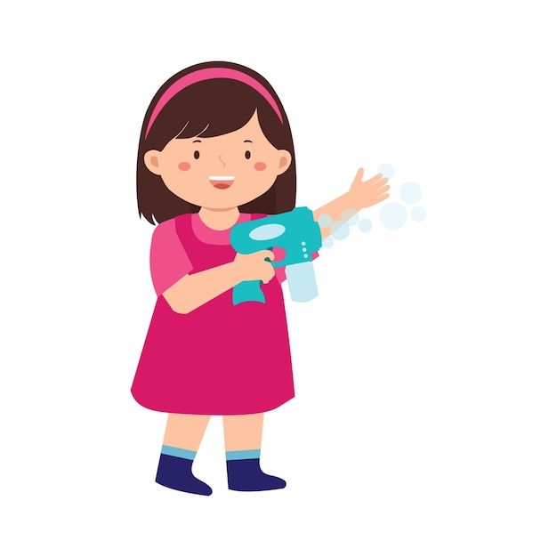 Niña jugando con la pistola de burbujas