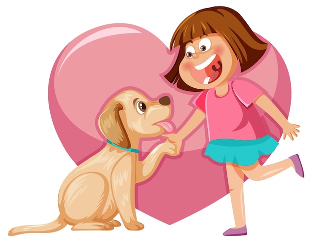 Vector una niña jugando con su perro en el fondo del corazón