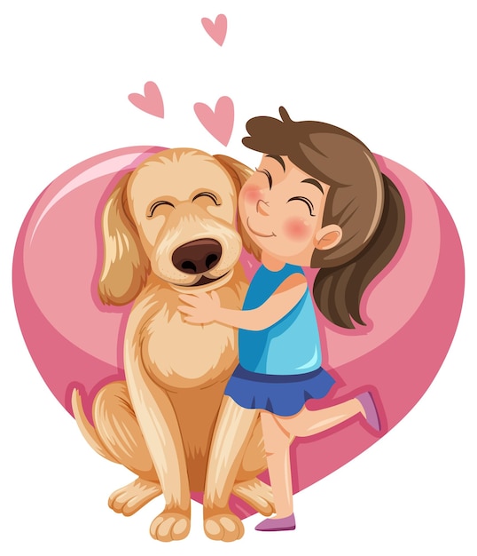 Vector una niña jugando con su perro en el fondo del corazón