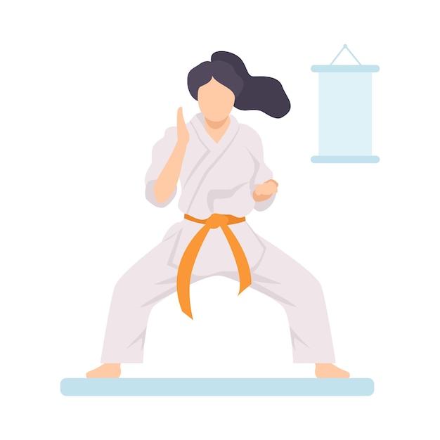 Niña con kimono blanco y cinturón naranja haciendo una ilustración vectorial de karate sobre un fondo blanco
