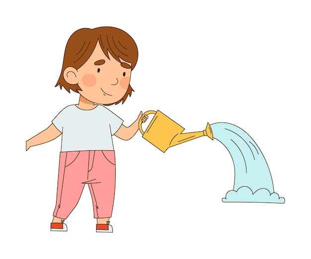 Niña con una lata de riego cuidando de plantas y vegetación Ilustración vectorial