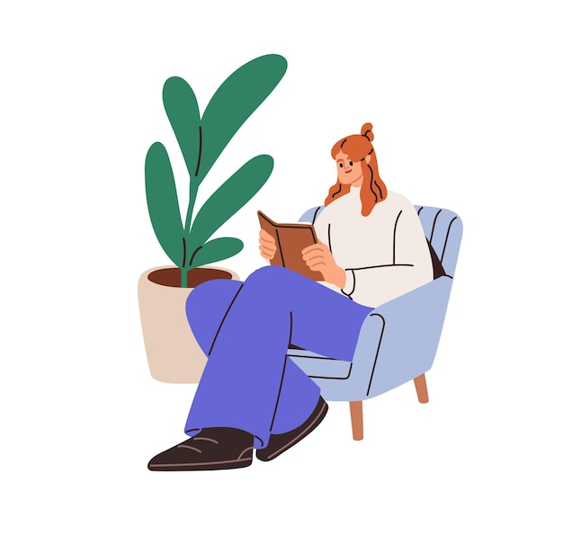 Niña lectora sentada en un sillón con un libro Mujer feliz estudiante relajada descansando con una novela de literatura de ficción en las manos en su tiempo libre Ilustración vectorial plana aislada sobre fondo blanco
