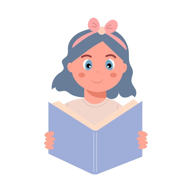 Niña leyendo un libro abierto. Escuela, concepto de educación. Linda ilustración vectorial en estilo plano