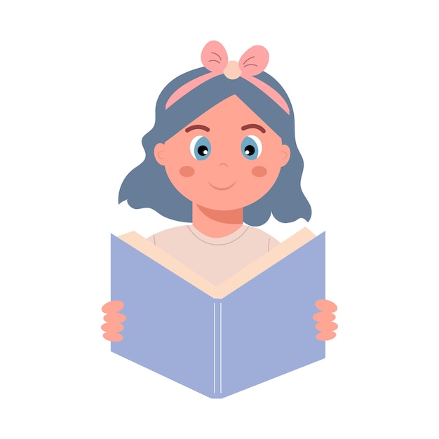 Niña leyendo un libro abierto. escuela, concepto de educación. linda ilustración vectorial en estilo plano