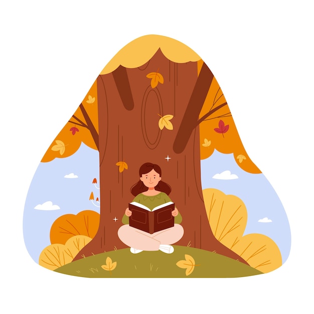 Vector una niña está leyendo un libro bajo un árbol de otoño las hojas están cayendo linda composición de otoño