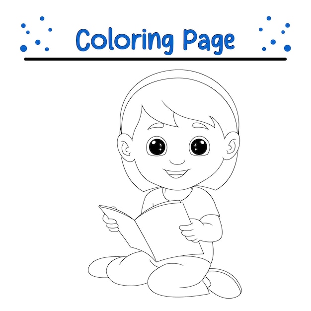 Una niña leyendo un libro para colorear para niños Ilustración en blanco y negro para colorear
