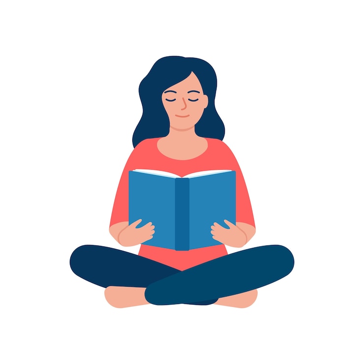 Vector niña leyendo y libro de estudio autoeducación conocimiento del libro información útil hobby de mujer