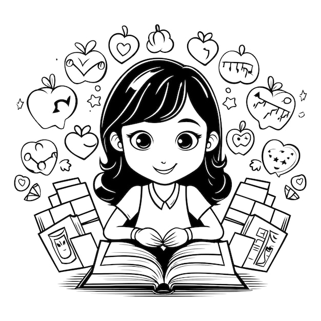 Vector niña leyendo un libro ilustración vectorial en blanco y negro para libro de colorear