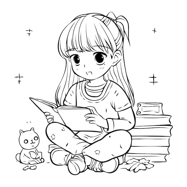 Niña leyendo un libro Libro para colorear para niños Ilustración vectorial