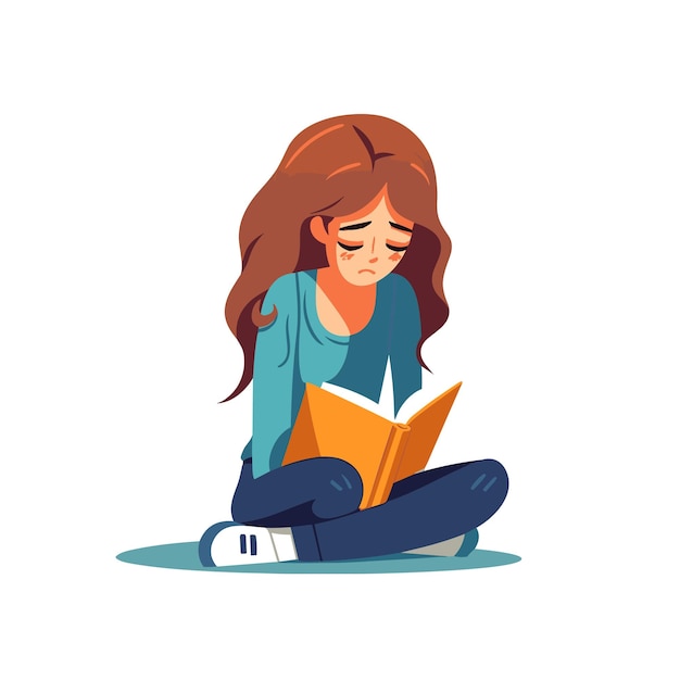 Vector niña leyendo un libro y llorando ilustración vectorial