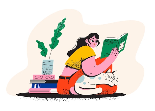 Vector una niña está leyendo un libro una mujer con un gato está sentada en el suelo con un libro biblioteca librería
