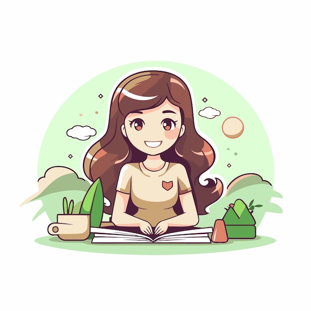 Vector niña leyendo un libro en el parque ilustración vectorial de dibujos animados