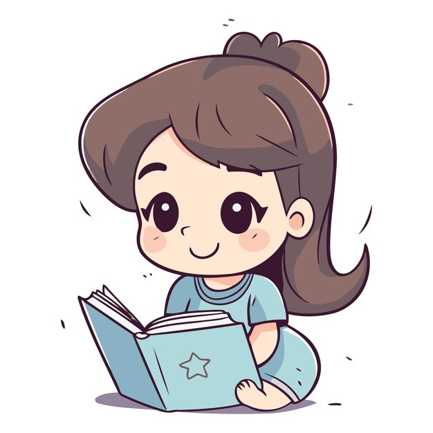 Vector niña leyendo un libro personaje de dibujos animados lindo