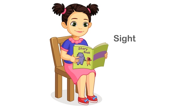 Vector niña leyendo un libro que muestra un sentido de la vista