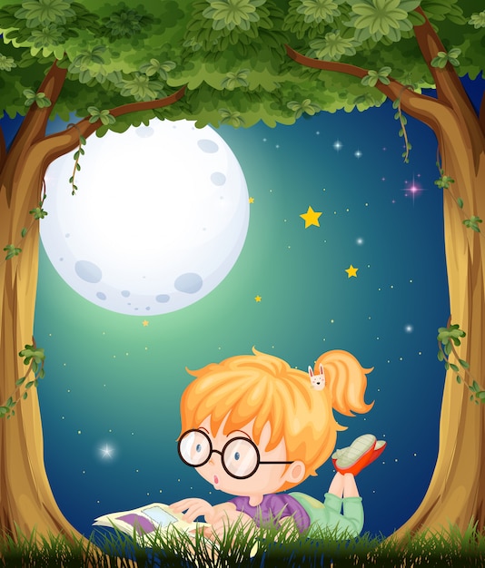 Niña leyendo en el parque por la noche