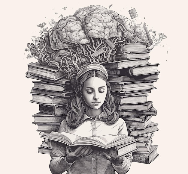 Vector niña leyendo una pila de libros