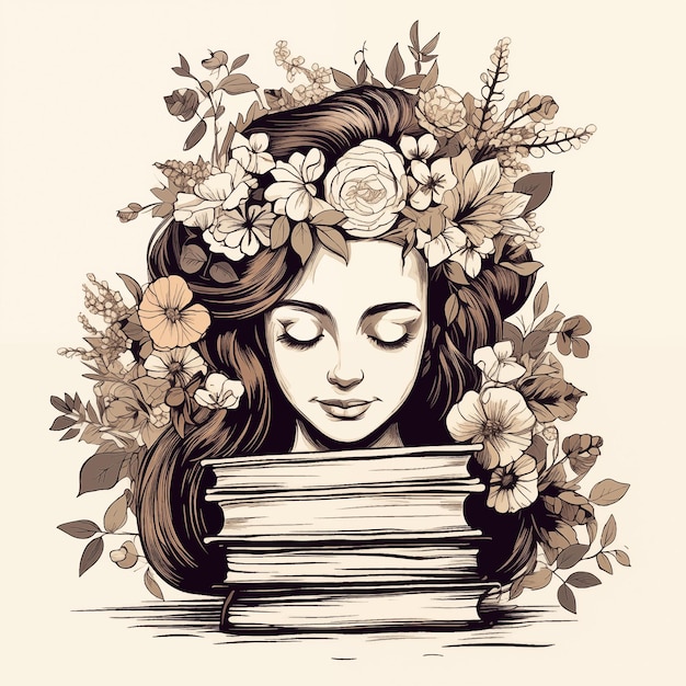 Niña con libros y flores