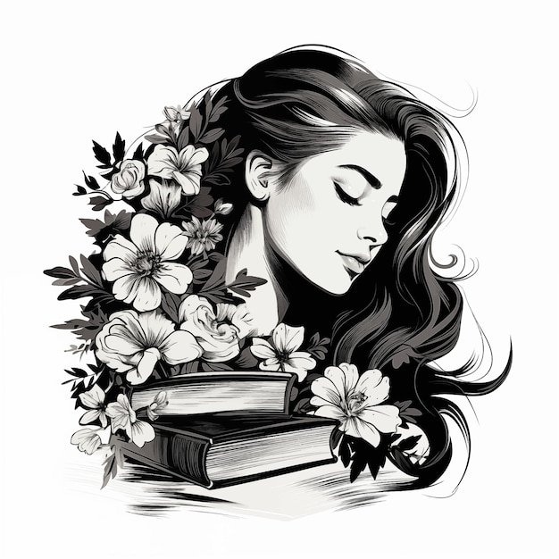 Niña con libros y flores