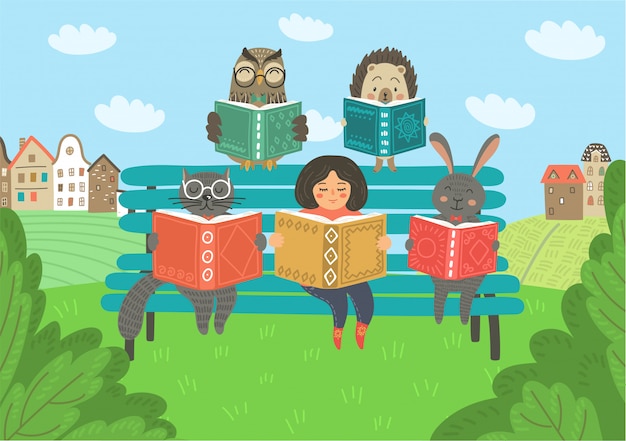 Niña con libros de lectura de animales en el banco al aire libre. Educación infantil, ilustración de lectura.