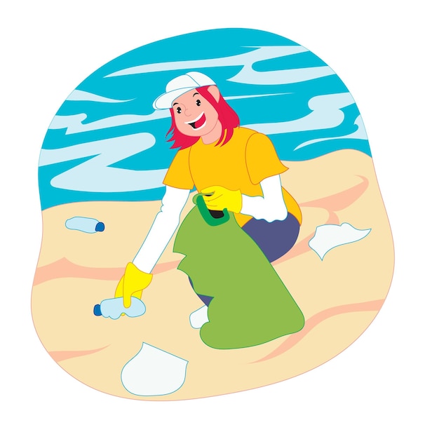 Vector niña limpiando la playa ilustración vectorial