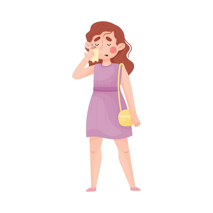 Vector niña limpiando el sudor de su cara con una ilustración vectorial de pañuelo