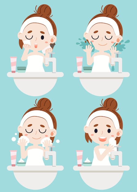 Vector una niña limpiándose la cara por 4 pasos. limpie los cosméticos con una esponja, use el agua para limpiar la cara, limpie la espuma y limpie la cara con un paño.