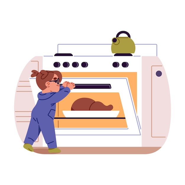 Una niña linda abre sola el horno caliente Un niño juega con la estufa de gas durante la cocción Un niño descuidado corre el riesgo de quemarse Peligros para el bebé en la cocina Ilustración de vector aislado plano sobre fondo blanco