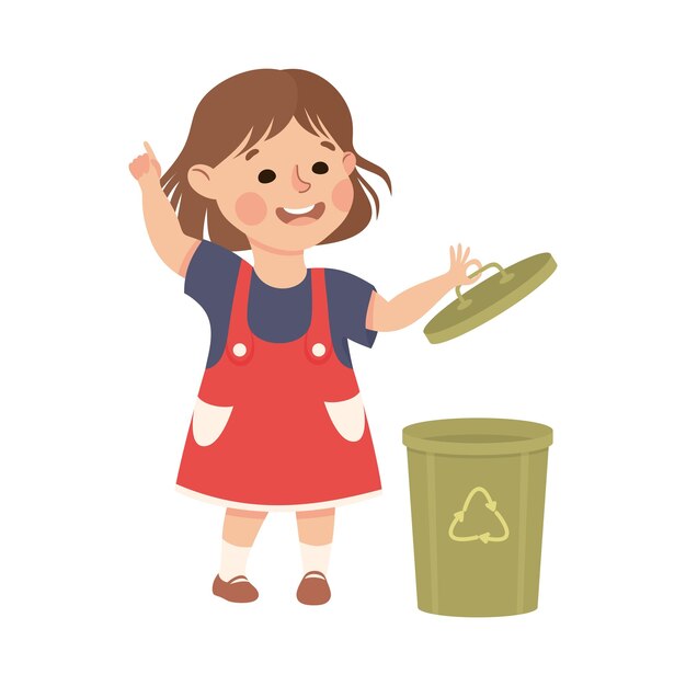 Una niña linda abriendo la tapa de un contenedor de basura para reciclar se preocupa por la Tierra Salvando el Planeta Ilustración vectorial del mundo
