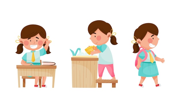 Niña linda actividades rutinarias diarias establecidas niño estudiando en la escuela lavando platos vector de dibujos animados