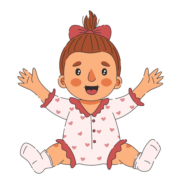 Niña linda y alegre se sienta con las manos levantadas y se ríe