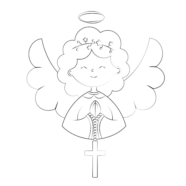 Una niña linda del ángel sostiene una cruz para el día del bautismo Ilustración simple del vector del garabato