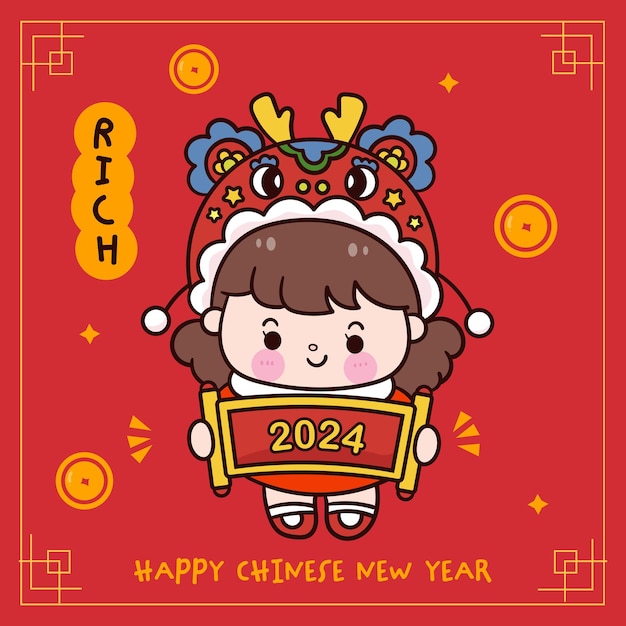 Niña linda año nuevo chino dragón sosteniendo etiqueta tarjeta de felicitación vector zodíaco 2024