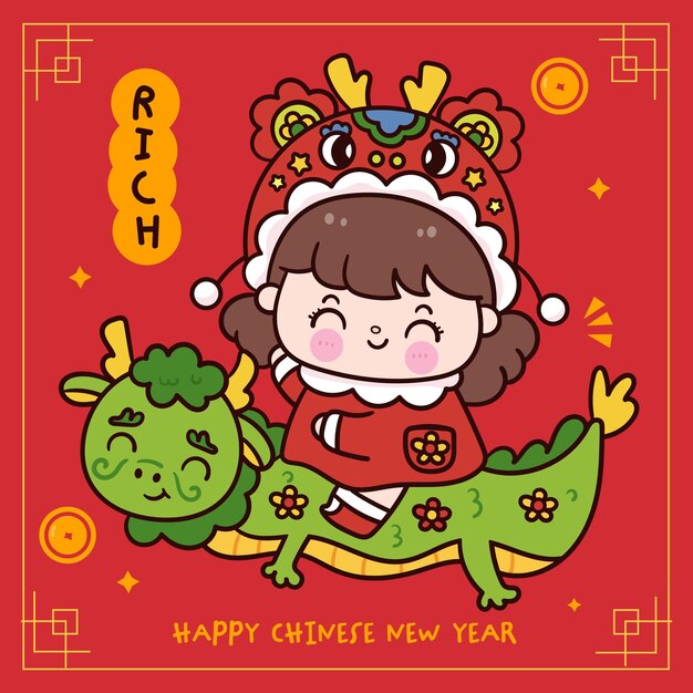 Niña linda año nuevo chino dragón sosteniendo etiqueta tarjeta de felicitación vector zodíaco 2024