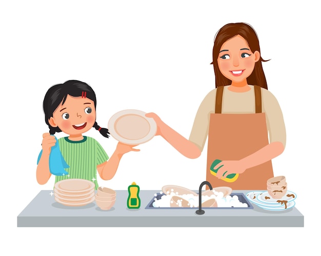 Una niña linda ayudando a su madre a lavar los platos en la cocina haciendo las tareas domésticas en casa