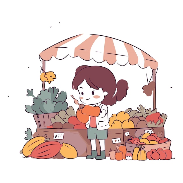 Vector una niña linda comprando frutas y verduras en el mercado.