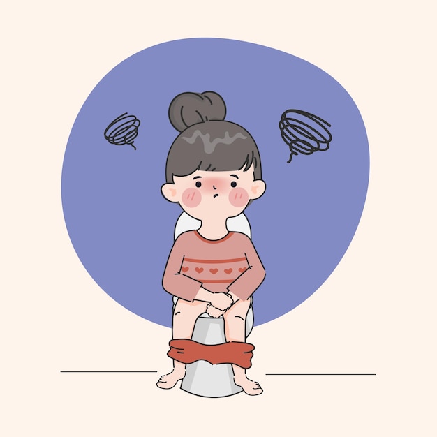 Niña linda dibujada a mano sentada en el personaje del inodoro