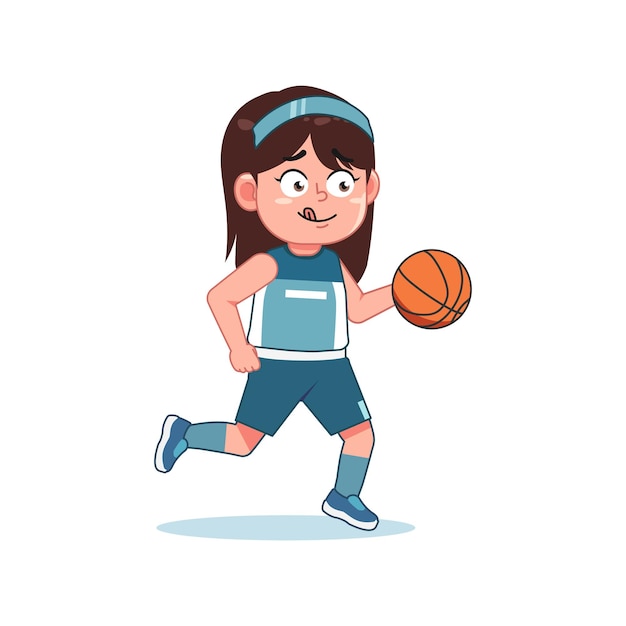 Una niña linda de dibujos animados jugando al baloncesto.