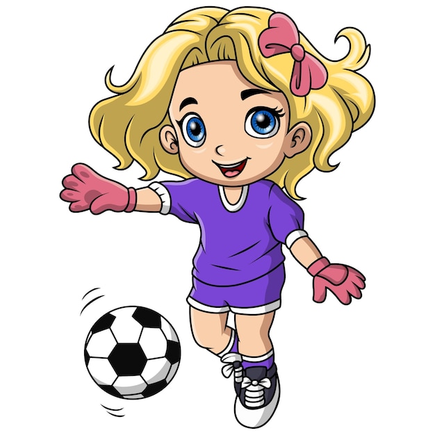 Vector una niña linda de dibujos animados jugando al fútbol